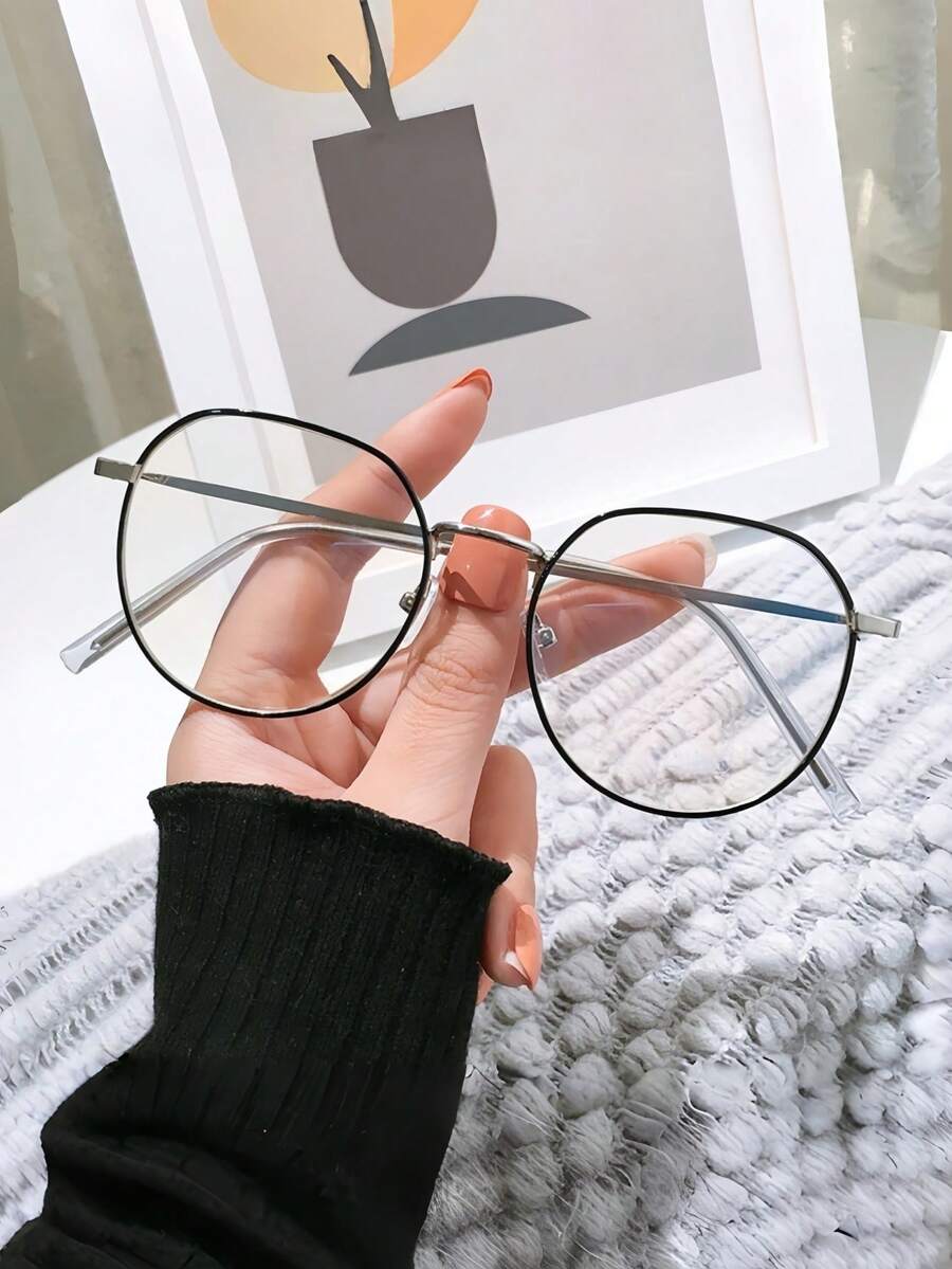 1 chiếc gọng kim loại hình bầu dục, kính trơn trang trí, phong cách đường phố cổ điển dành cho nam và nữ. - Bạc - Xem 1