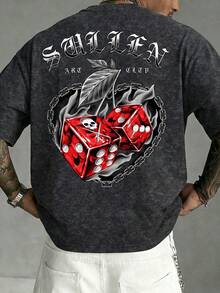 Fractyr Men's Fashionable Casual Street Rock Rap Style Loose Fit Short Sleeve T-Shirt | Gothic Cherry Dice Print | Exquisite Design | Essential For Spring/Summer | Retro Style | Versatile & Easy To Wear | Washed Fabric | Perfect Gift For Friends | Showcase Unique Personality - Black - View 1