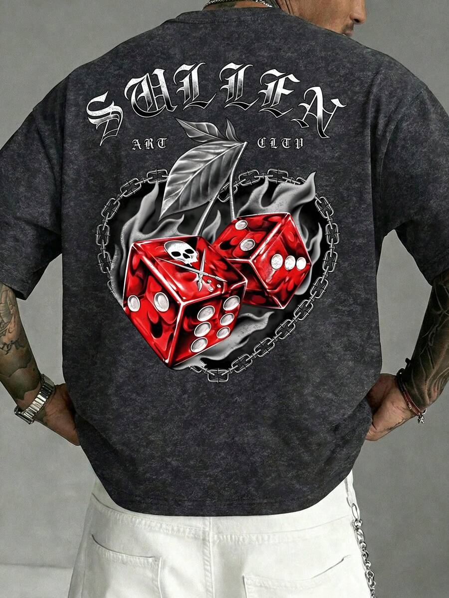 Fractyr Men's Fashionable Casual Street Rock Rap Style Loose Fit Short Sleeve T-Shirt | Gothic Cherry Dice Print | Exquisite Design | Essential For Spring/Summer | Retro Style | Versatile & Easy To Wear | Washed Fabric | Perfect Gift For Friends | Showcase Unique Personality - Black - View 1