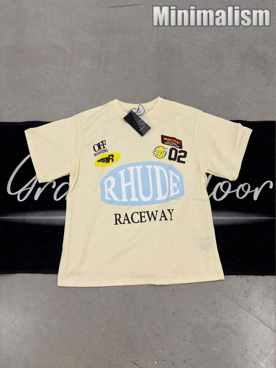 Rhude "Raceway Cream" Shirt,100% Cotton Printed T-Shirt,Stylish Design, Men's Graphic T-Shirt, Minimalist Design, Vintage Casual Style, Hip-Hop Style. Suitable For Outdoor Leisure Activities, Family Gatherings, And Dinners With Friends. - 杏色4 - 查看 1