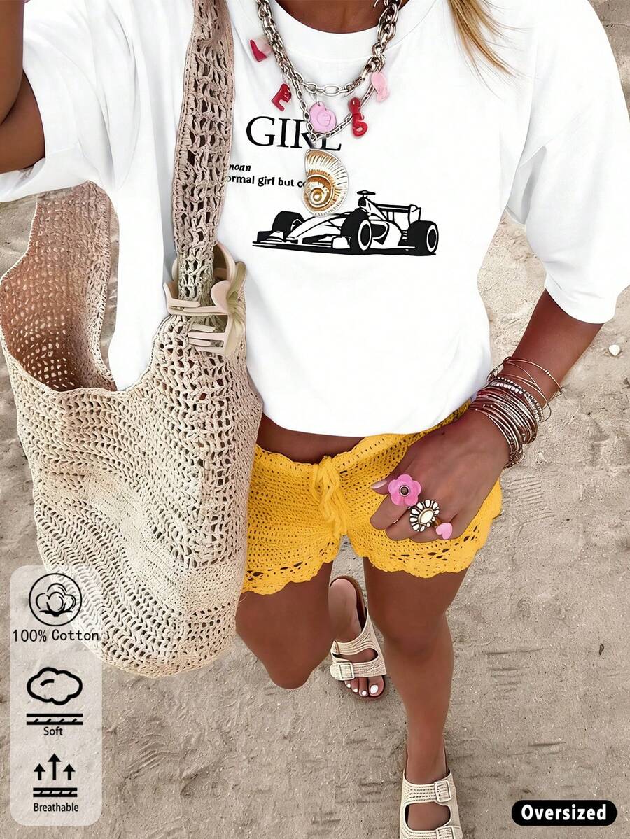 F1赛车印花宽松T恤，女士款，休闲夏季款 - 白色 - 查看 1