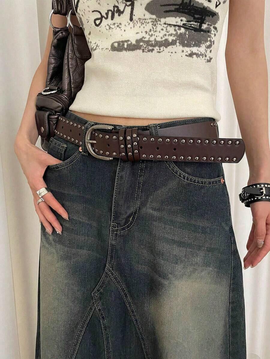1pc Women's Coffee-Colored PU Leather Punk Style Double Row Rivet Decor Belt, Versatile Accessory Summer, School Fall, Autumn, Halloween SBXU - 黑色 - 查看 1