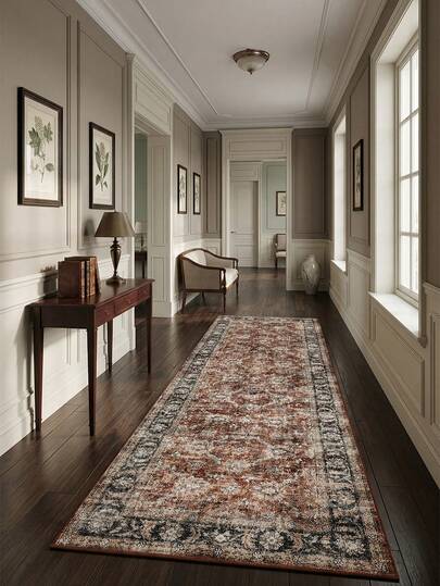 1pc Vintage Bohemian Floral Area Rug, Carpet, Doormat, Runner - Dark Color Classic Artistic Design, Suitable For Bathroom, Kitchen, Entryway, Hallway, Bedside, Living Room, Bedroom, Machine Washable, Home Decor