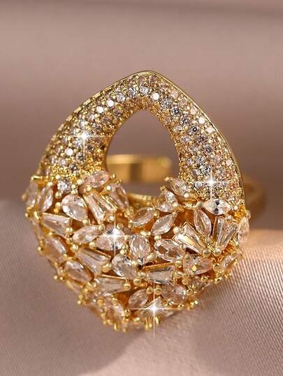 jealous young 1pc Luxury Hollowed-Out Lock Cubic Zirconia Water Drop Ring For Women For Wedding Engagement Party Jewelry Valentine's Day Gift,Mom,Mother,Mother's Day,Gift