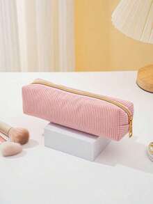 1pc High-Quality Corduroy Pencil - Large Capacity, Durable, Made Of Polyester Fabric, Zipper Closure, Purple/White Mix Color, Gold Zipper Pull, Fashionable Minimalist Design, Suitable Students And Professionals, Professional Organization, Student Stationery Storage, Soft Texture Material, Back To School Essential OLCN - 多色的 - 查看 10