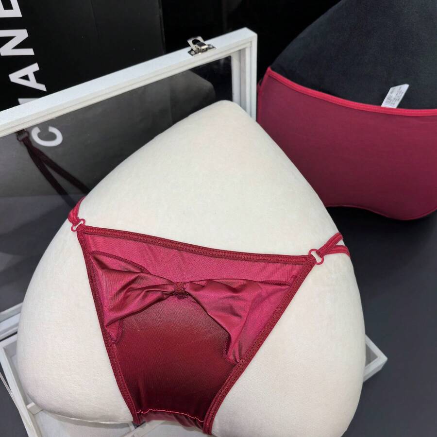 Large Bow European And American Court Noble Silk Women's Panties With Double Thin Straps Ice Silk Women's Underwear - 酒紅 - 查看 1
