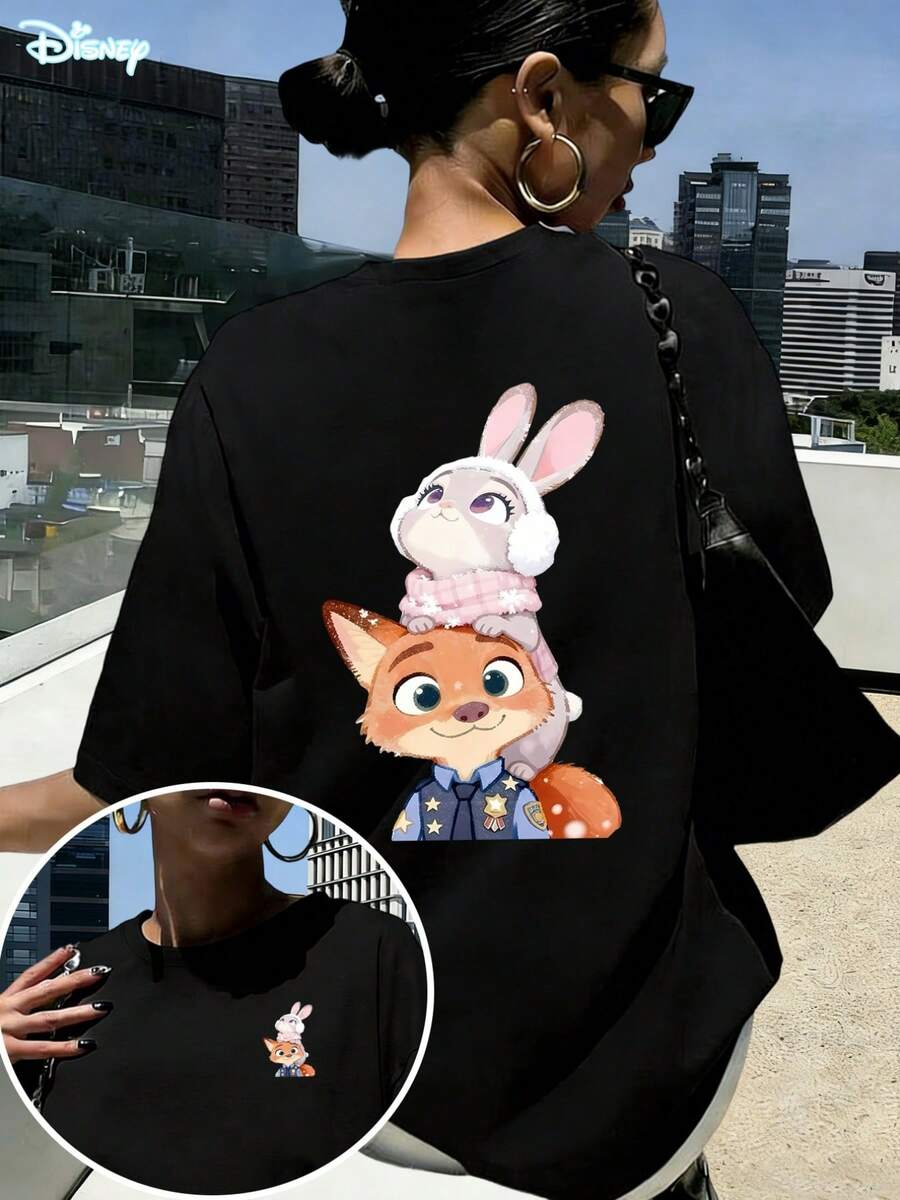 Disney Winter Judy & Nick Oversized T-Shirt: White Loose Fit Cotton Tee With Double-Sided Cute Winter Graphic, Perfect For Zootopia Fans, Theme Park Visits And Casual Wear, Ideal Gift - 黑色 - 查看 1