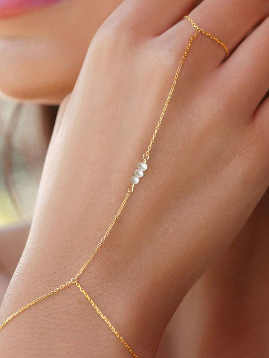 1pc S925 Sterling Silver Natural Pearl Finger Chain, Elegant Niche Design Knuckle Ring Bracelet Jewelry For Women - Gold - View 1