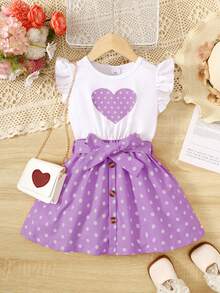 Đầm công chúa không tay cổ tròn in hình trái tim và chấm bi thời trang cho bé gái, phù hợp cho trẻ em từ 4-7 tuổi, mặc ngoài trời, dạo phố, đi học, mặc hàng ngày - Màu tím hoa cà - Xem 9