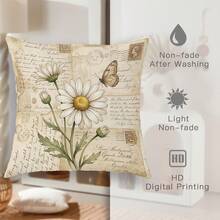 4 pièces Housses de coussin décoratives vintage avec fleurs de marguerite et oiseaux, style lettrage usé, convient pour le salon, le canapé, la chambre à coucher, décoration de style campagnard - Jaune clair - Voir 8