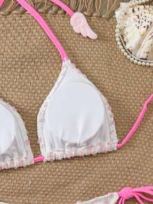 New Knitted Jacquard Special Fabric Polka Dot Cute Sexy Drawstring Party, Photo Shoot, Casual, Vacation, Date, Beach Vacation Halter Bikini Set, Suitable For All Seasons - White - View 5