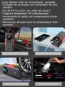 Arrancador de salto de compresor de aire, banco de energía - Carga rápida de teléfono, cargador de batería de automóvil, luz LED de emergencia, inflado rápido, detección de presión de neumáticos, reforzador de batería de automóvil portátil de 12V - Multicolor - Ver 4