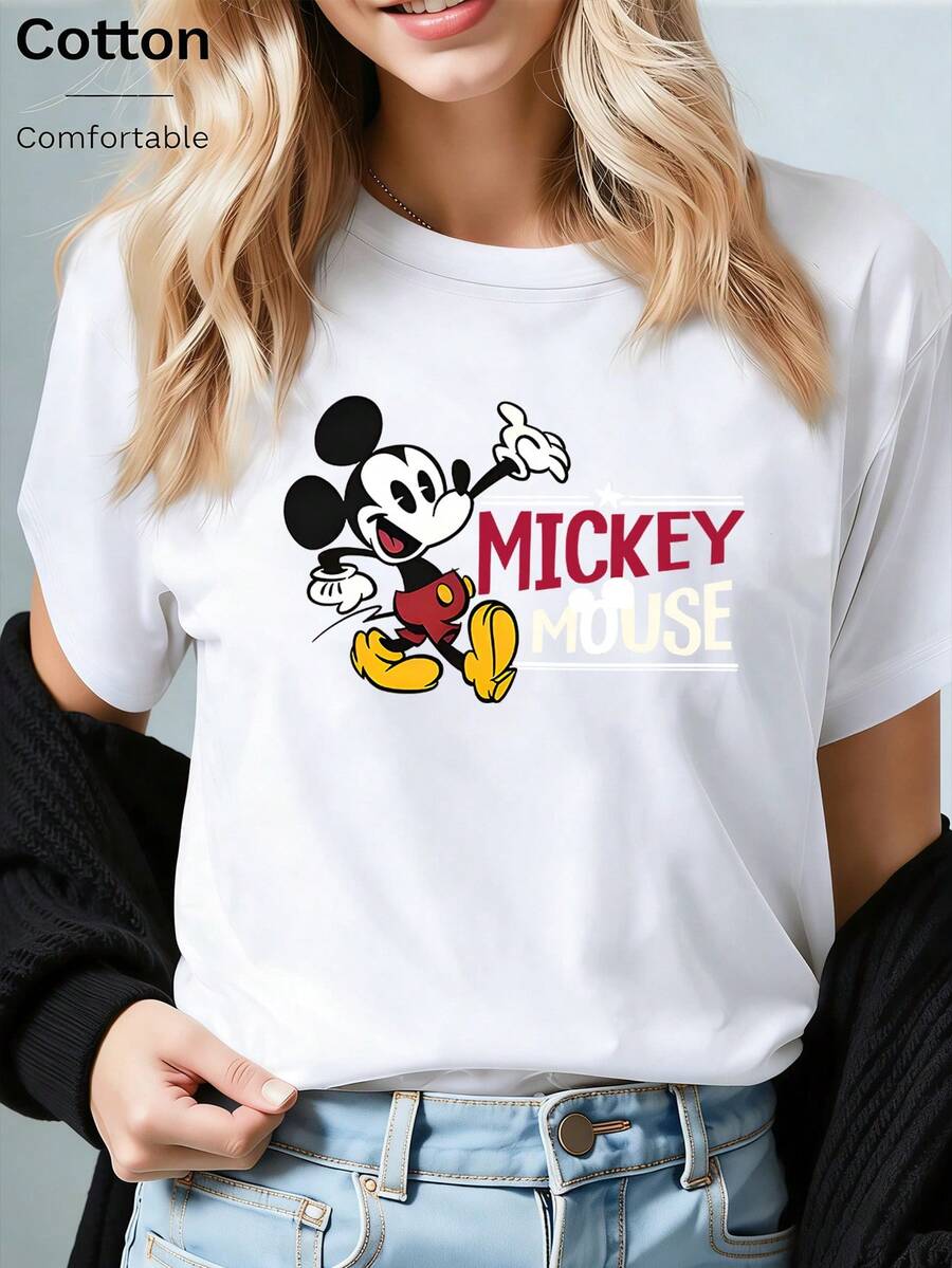 Disney Loose Retro Style "MICKEY MOUSE" Dynamic Mickey Print T-Shirt, Suitable For Summer And Spring, Short Sleeved Top, Women's Clothing, Holiday Gift Party Clothing. - trắng - Xem 1
