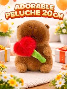 Peluche Capibara Pequeño Con Flor Roja Regalo Suave Marrón Claro 20 cm Decorativo y Coleccionable - Camel - Ver 2