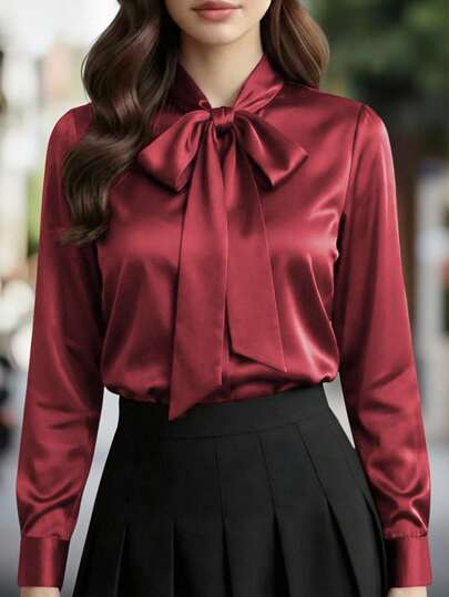 大码女式纯色长袖衬衫，系带领，休闲百搭日常长袖上衣，适合通勤穿着。