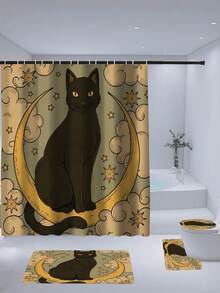 1pc Cat Moon Shower Curtain With Black Cat Silhouette, Crescent Moon, Floral And Butterfly Patterns, Mysterious Design, 70.8x70.8 Inches, With 12 Hooks - G - View 5
