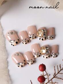 10pcs Press On Nails French Style Leopard Print Flash Diamond Nails Press On Nail Supplies Short Nails Fake Nails Artificial Nails Kit Includes 1sheet Adhesive Tabs &1 Pc Mini File - Multicolor - View 2