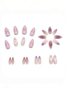 24Pcs Long Stiletto Press On Nails Pink Purple Gradient Flower Nail Art With Pearls & Rhinestones Luxury Glossy Acrylic Fake Nails Reusable False Nails For Women - Mauve Purple - View 7