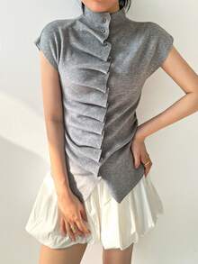 女士时尚优雅休闲/办公通勤高领灰色褶皱纽扣修身无袖针织上衣，春夏款 - 灰色 - 查看 6