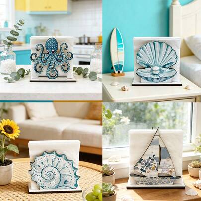 1/4pcs Nautical Style Wooden Napkin Holder, Decorated With Blue Octopus And Pearl Shell Patterns, Suitable For Kitchen, Dining Room, Beach Stores And Coastal Themed Home Decor