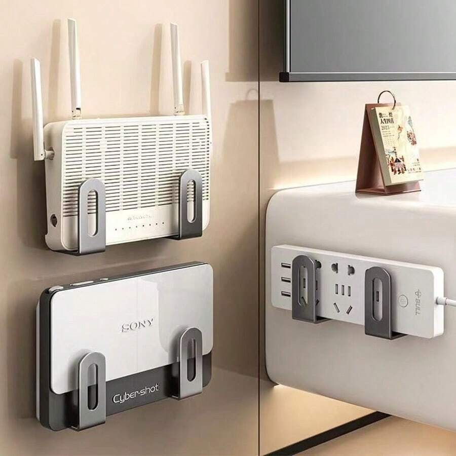 免钻孔壁挂式收纳架，适用于路由器、WiFi调制解调器、机顶盒、线缆管理，人造宝石架，节省空间的多功能收纳架，带粘胶 - 灰色 - 查看 1