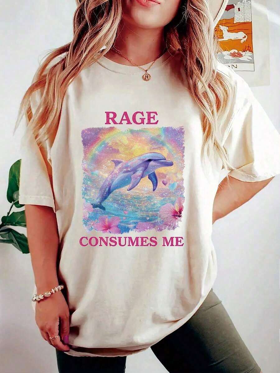 Plus Size Funny T Shirts, Rage Consumes Me Dolphin Meme Summer T-Shirt For Women, Holiday Top, Fashion Graphic Tee, Beach Vacation Outfit, Humorous Dolphin Shirt,   For Women - 杏色 - 查看 1