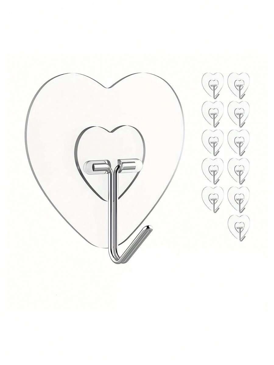 强力粘钩 - 透明塑料吸盘，加厚心形壁挂式设计，适用于厨房和浴室收纳，多功能挂钩，安装简便，现代风格