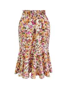 Plus Size Floral Print Bodycon Fishtail Mini Skirt, High Waist Design With Ruffle Hem, Elastic Waistband For Slimming Fit, Suitable For Spring And Summer Vacation - Orange - View 3