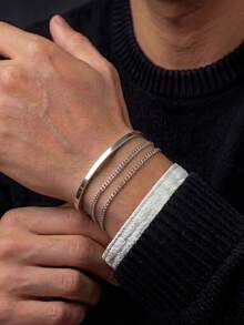 3件套男士不锈钢手链套装，简约精致可调节腕带，适合日常佩戴 - 銀色 - 查看 1