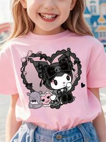[Authorized] Cute And Cool Lolita Kuromi Print Sanrio Girl's Summer Round Neck Casual T-Shirt Slightly Stretchy Fabric Suitable For Birthday Gifts Ideal For Daily Activities, Sports, And Travel Summer T-Shirts For Girls - 粉色 - 查看 1