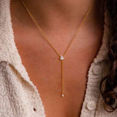 Women's Textured Necklace, Elegant 14K Gold Plated Cubic Zirconia Teardrop Y-Necklace, Cute Long Necklace, Suitable For Women, Suitable For Party And Gift
