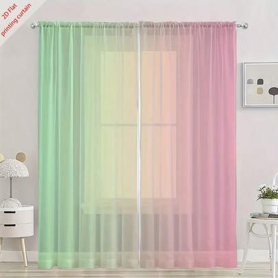 两片渐变绿色和粉色薄纱窗帘，采用半透明薄纱面料制成，透光性好。适用于客厅/卧室，杆袋式设计，完美契合现代柔和色调的家居装饰。