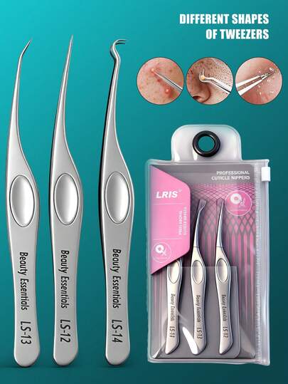 3pcs Stainless Steel Precision Blackhead Remover Tweezers Set, High Precision Closed Tip Anti-Slip Handle, Professional Bent Tip Comedone Extractor, Facial Skin Care Tools For Salon And Home Use