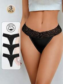 3条装性感蕾丝丁字裤，低腰，高弹力，V型腰带，女士内衣，春夏款 - 黑色 - 查看 8