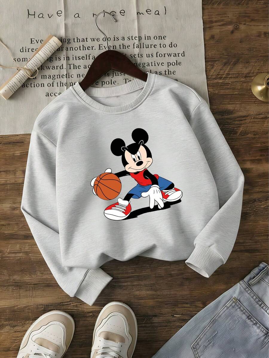 Disney Official Licensed Light Gray Basketball Mickey Mouse Print Crewneck Sweatshirt | 100% Polyester, Ultra Comfortable & Super Soft | Unisex Kids Ages 1-14, Spring & Fall Daily & Sports Wear | High Aesthetic Appeal, Attention-Grabbing, Daily Versatile, Go-To For Commuting, Disney Limited Edition Design, Relaxed Fit, Stylish | New Arrival Express Delivery - Grey - View 1