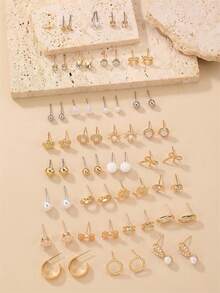 30件/套 简约水晶花朵、爱心、蝴蝶结及仿珍珠耳钉套装，适合日常、约会、派对等场合。 - 金色 - 查看 3