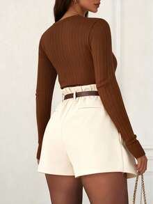 女士休闲通勤褶裥弹力腰带短裙裤 白色夏季 - 白色 - 查看 3