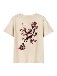 女士日系樱花图案宽松T恤，透气圆领，Y2K街头风上衣，适合春季郊游、赏樱、城市漫步、周末早午餐、度假及夏季日常休闲穿着 - 杏色 - 查看 2