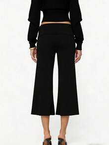 Women's Fold Over Waist Capri Fashionable Casual Solid Color Low Rise Wide Leg Crop Pants - 黑色 - 查看 1