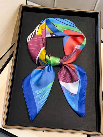 1pc Women's Elegant/Retro Fashion Printed Lightweight Faux Silk Scarf/Satin Square Scarf, Headscarf, Neck Scarf, Shawl