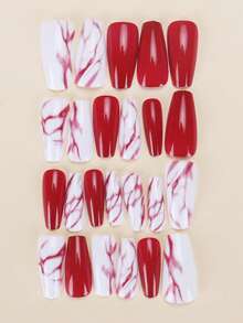 24片棺材形压制人造指甲，红白大理石纹路，配有胶水和指甲锉，适合派对和日常使用，可重复使用，提升您的优雅气质。 - 彩色 - 查看 3