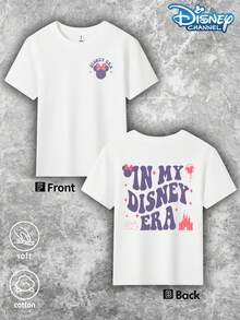 Girls' Short Sleeved Shirt With Disney Mickey And Minnie Print IN MY DISNEY ERA Text Pattern, Casual And Cute Style, Suitable For Theme Park Outings In Spring, Summer, And Autumn, Suitable For Girls' Spring, Summer, And Autumn Tops, Suitable For Both Boys And Girls, Children's Tops - 白色 - 查看 2