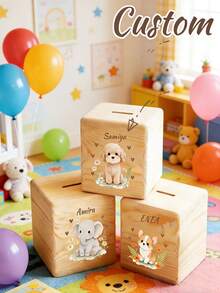 Customized Piggy Banks, Personalized Wooden Gifts With Children's Names, Storage Boxes Including Custom Coin Purses, Cute Animal And Floral Patterns, And Personalized Birthday Gifts. Multi-Purpose Home Decor Gifts Suitable For Children, Rooms, Offices, Or As Gifts; Also Suitable As Room Decor, Piggy Banks, Birthday Surprise Boxes, Baptismal Boxes, Servant Boxes, Etc. - Multicolor - View 3