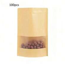 50个棕色牛皮纸袋，正面透明拉链设计，可重复使用密封袋，适用于坚果、咖啡、茶、糖果、食品储存包装、厨房配件、厨房必需品、食品储存组织、厨房储存 - 棕色 - 查看 20