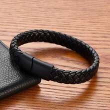1pc Pure Black Matte Finish Black Buckle Men's Pu Leather Bracelet, Titanium Steel Punk Braided Wristband - Màu đen súng - Xem 4