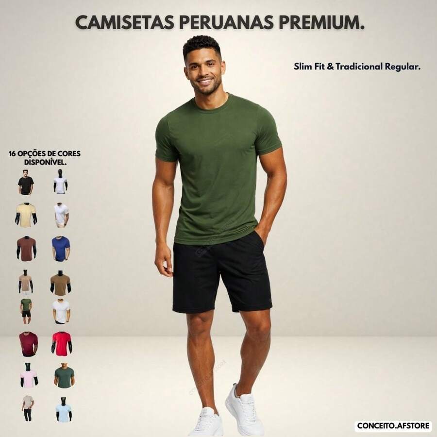 Premium Basic T-Shirts Made Of Peruvian Fabric With Smooth Elastane, Slim Fit And Traditional Design. - 軍綠色 - 查看 1