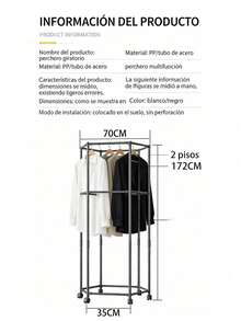 Perchero de Piso Giratorio 360° Hexagonal de Doble Capa, Perchero de Ropa Multifuncional con Ruedas para Dormitorio y Balcón, Tubo de Acero Reforzado, Capacidad Grande, Color Negro/Blanco - Negro - Ver 9