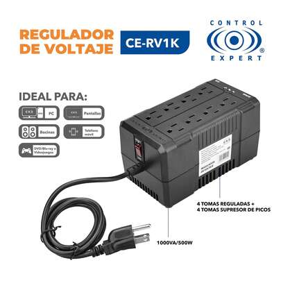 Regulador de Voltaje 1000VA 500W con 8 Contactos – Protección contra Sobrecarga y Cortocircuito, LED Indicador, Ideal para Hogar, Oficina y Equipos Electrónicos Sensibles