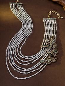 1pc Multi-Layer Pearl & Rhinestone Necklace, Vintage Palace Style Luxury Delicate Collarbone Chain, High-End Formal Dress Accessory - Multicolor - View 5