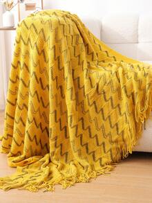 Chăn len dệt kim trang trí có tua rua ấm áp - Mềm mại & Nhẹ - Thích hợp cho ghế sofa, giường ngủ và du lịch - Phong cách nhà nông màu kaki và kem - Khăn quàng cổ AB màu vàng - Xem 3
